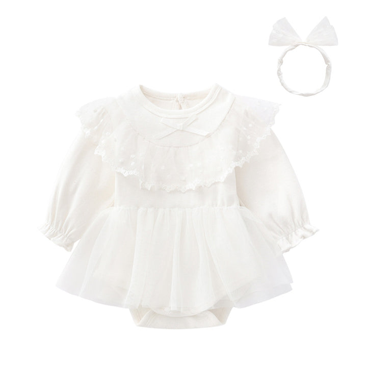 Girls White Self Design Cotton Bodysuit & Headband