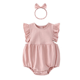 Infants Girls Pink Cotton Rompers With Hairband