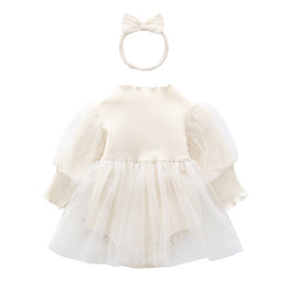 Infants Girls White Cotton Fit & Flare Cotton Dress With Hair Band