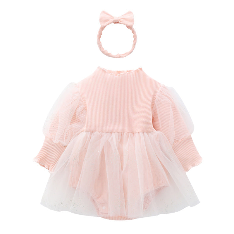 Infant Girls Pink Puff Sleeves Cotton Bodysuit With Headband