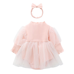 Infant Girls Pink Puff Sleeves Cotton Bodysuit With Headband