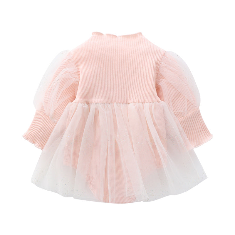 Infant Girls Pink Puff Sleeves Cotton Bodysuit With Headband