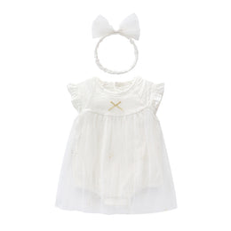 White Infant Girls Self Design Cotton Bodysuit With Headband