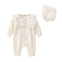 Infant Girls Beige Striped Cotton Romper