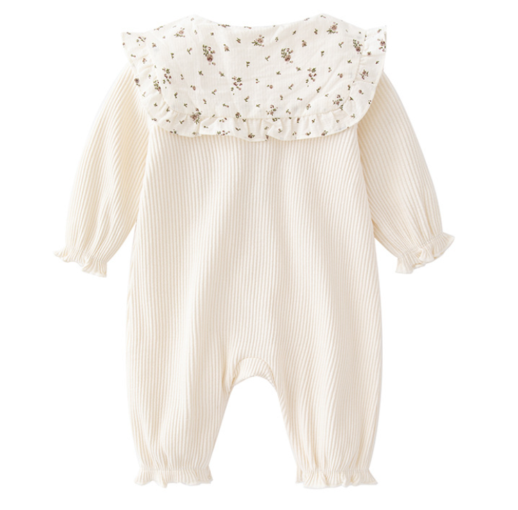 Infant Girls Beige Striped Cotton Romper