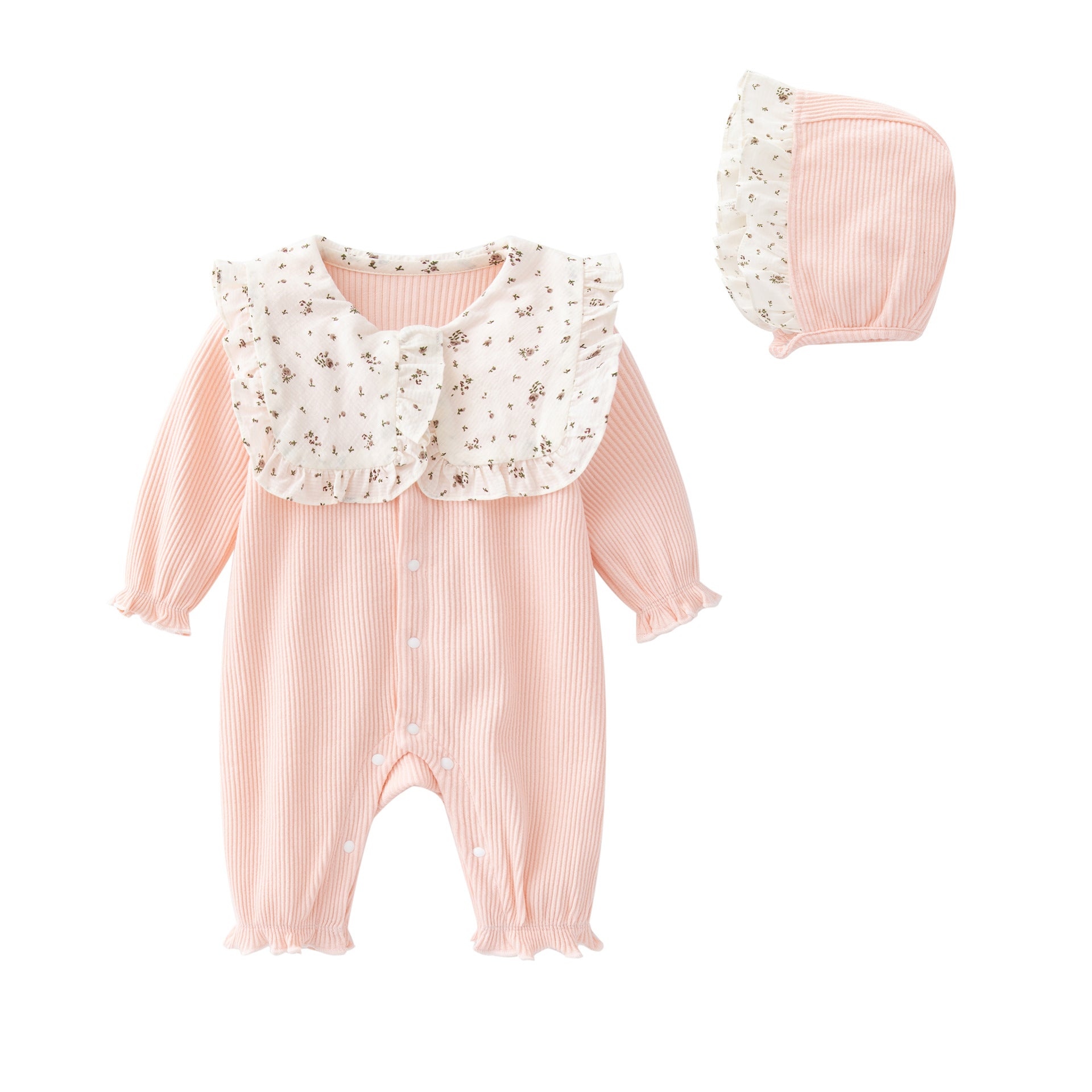 Infant Girls Pink Striped Cotton Romper With Cap