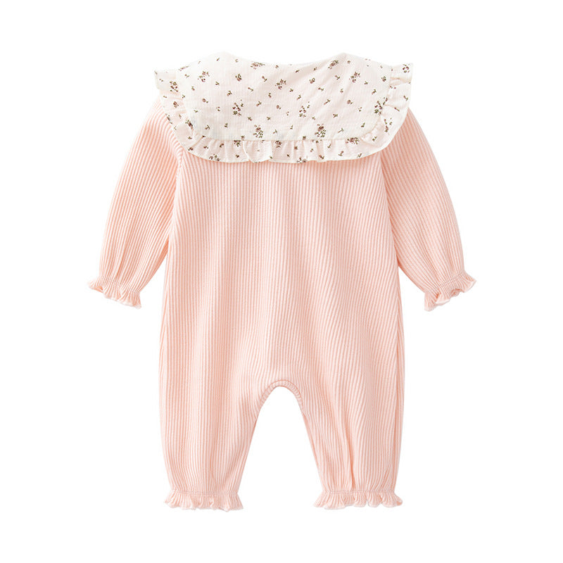 Infant Girls Pink Striped Cotton Romper With Cap