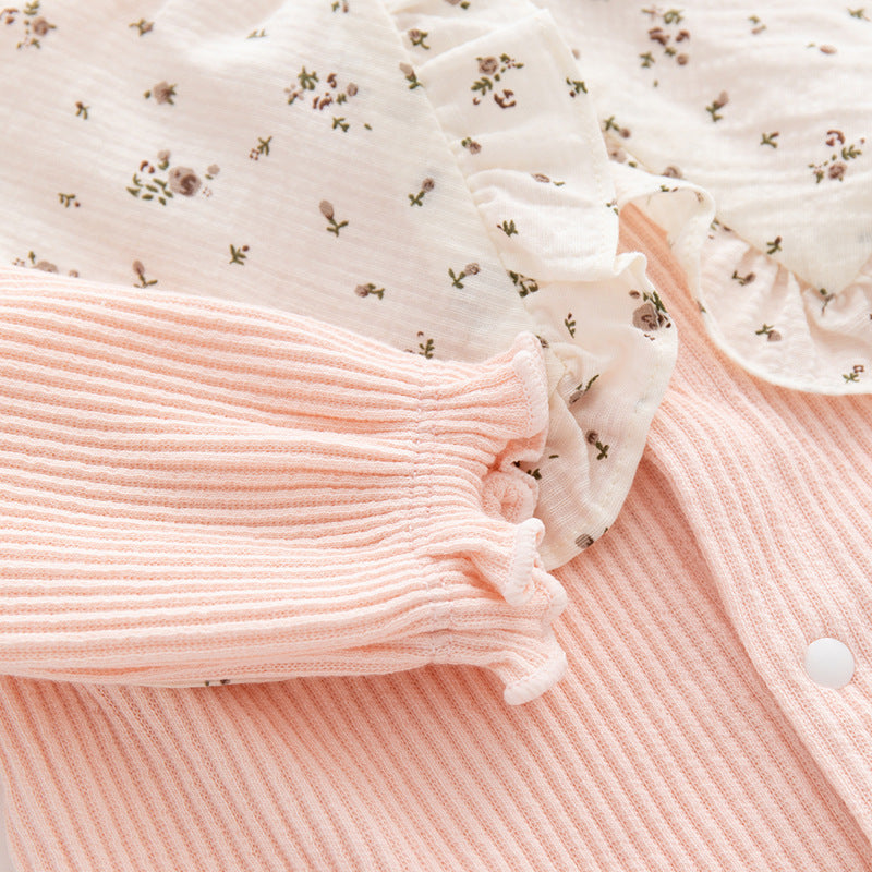 Infant Girls Pink Striped Cotton Romper With Cap