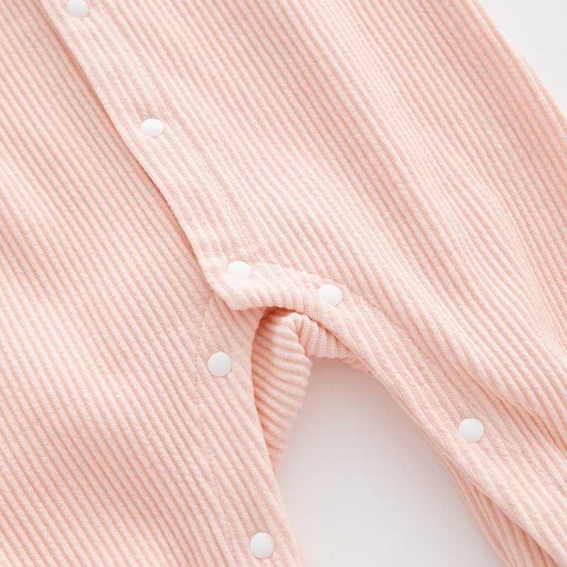 Infant Girls Pink Striped Cotton Romper With Cap