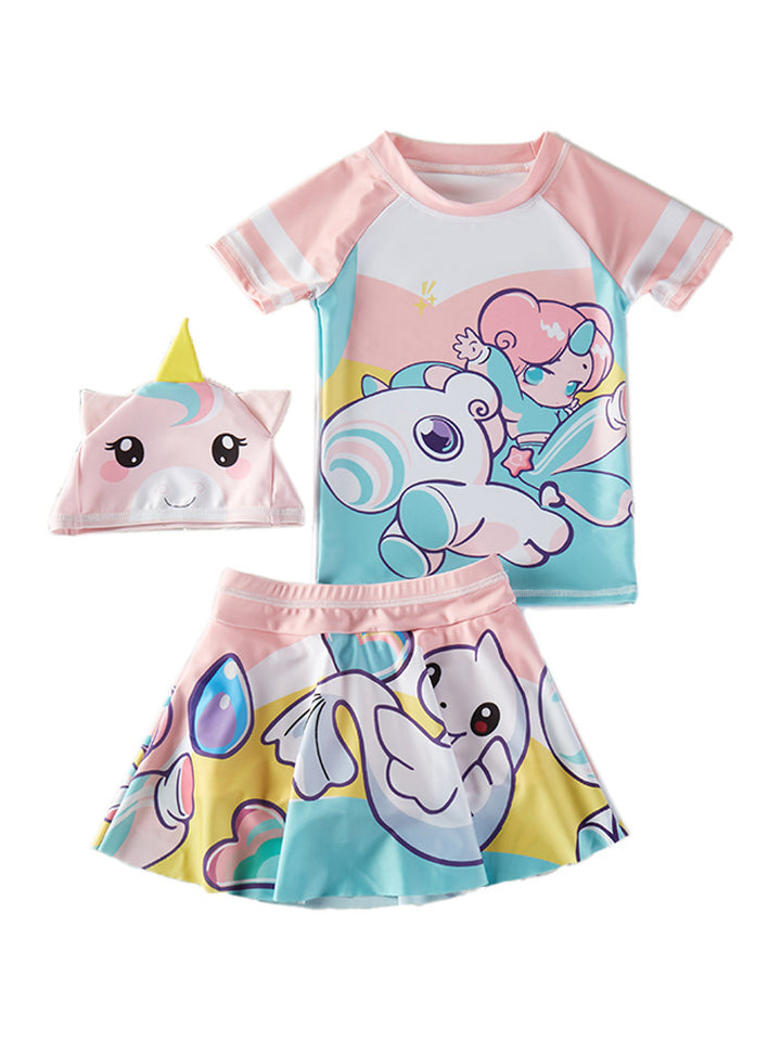 Girls Printed Round Neck Swim Set