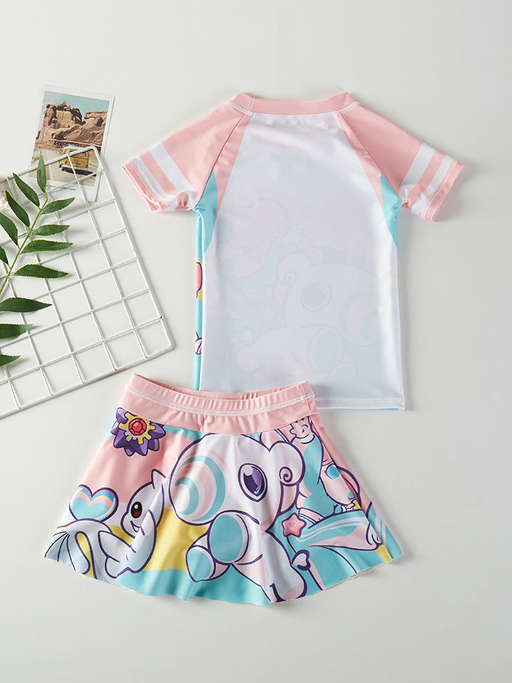 Girls Printed Round Neck Swim Set