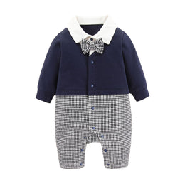 Infant Boys Navy Blue Checked Cotton Rompers