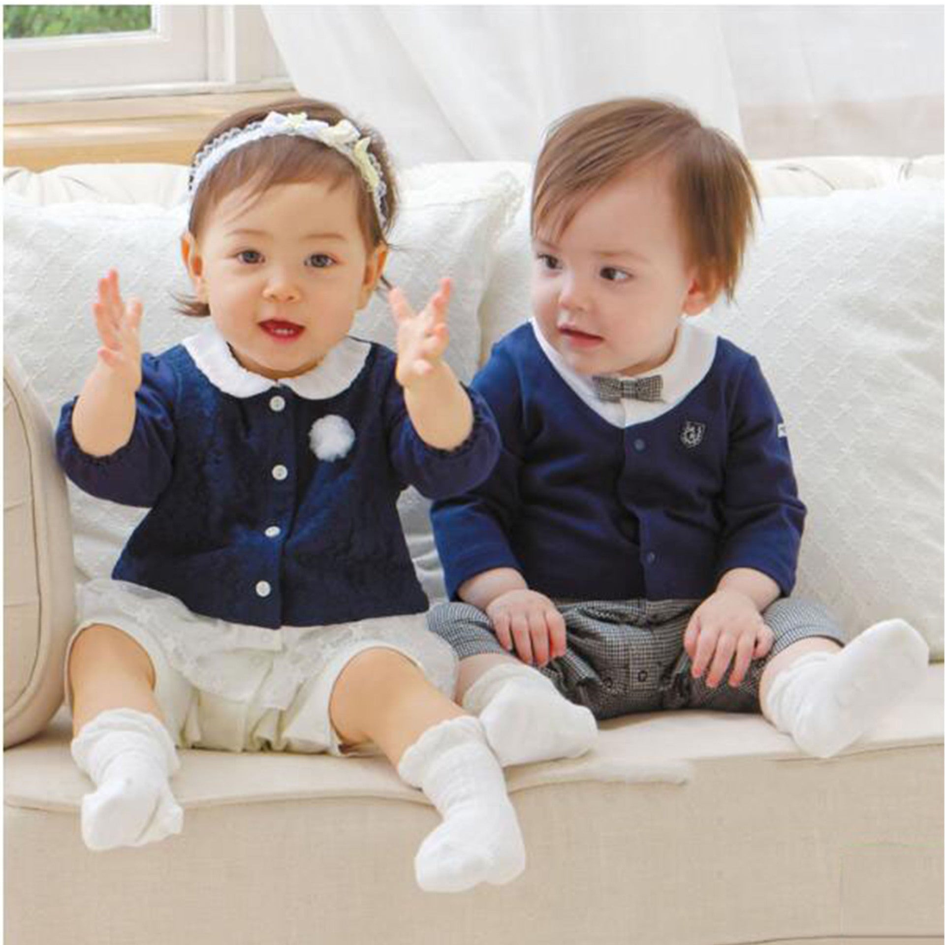 Infant Boys Navy Blue Checked Cotton Rompers