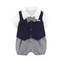 Boys Houndstooth Woven Design Romper With Waistcoat & A Bow Tie