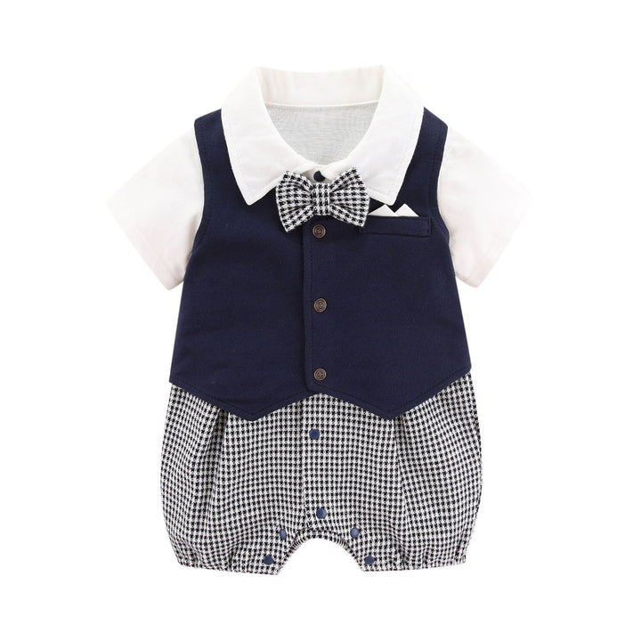 Boys Houndstooth Woven Design Romper With Waistcoat & A Bow Tie