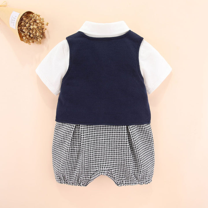 Boys Houndstooth Woven Design Romper With Waistcoat & A Bow Tie