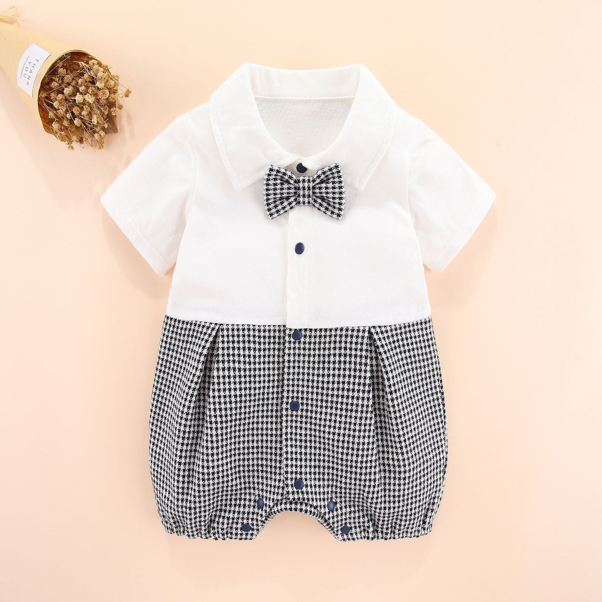 Boys Houndstooth Woven Design Romper With Waistcoat & A Bow Tie