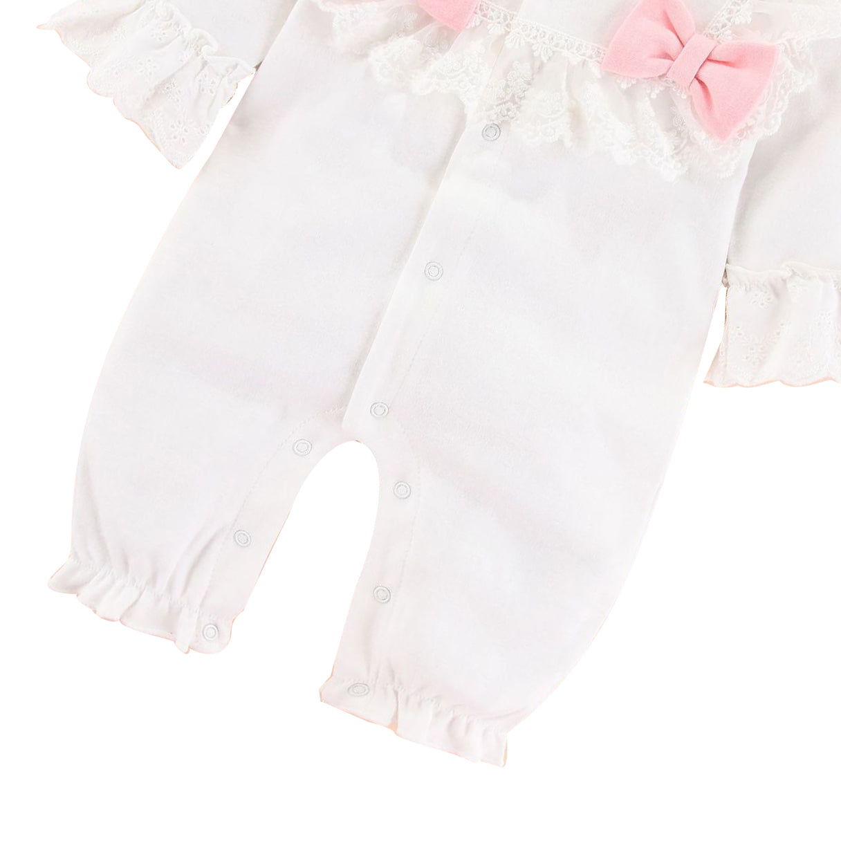 Infants Girls Lace & Bow Detail Pure Cotton Rompers