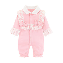 Infants Girls Self Design Shirt Collar Ruffles Cotton Rompers