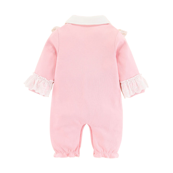 Infants Girls Self Design Shirt Collar Ruffles Cotton Rompers