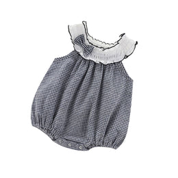 Navy Blue Infants Girls Checked Bow Cotton Bodysuit