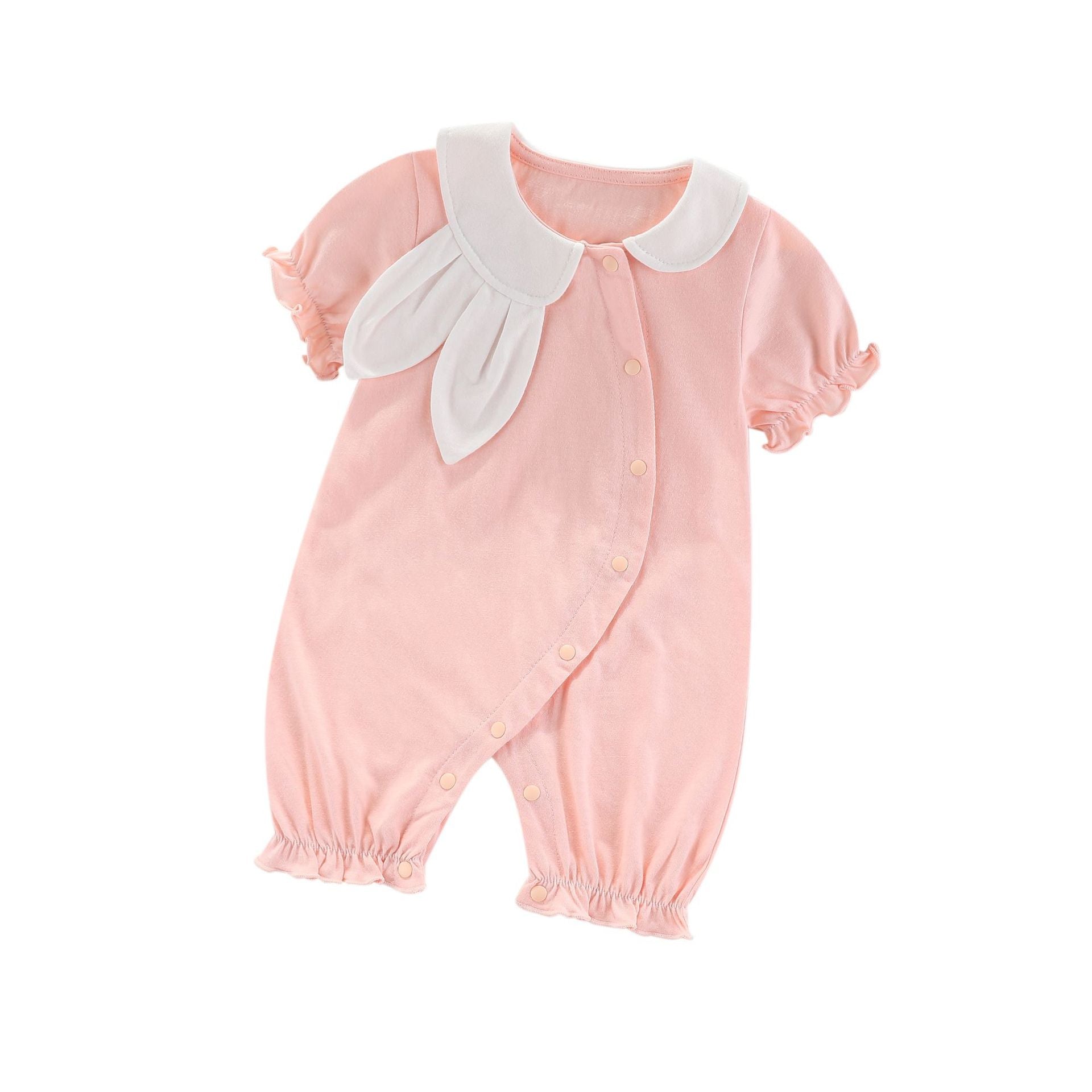 Girls Solid Cuban Collar Puff Sleeves Ruffles Applique Romper