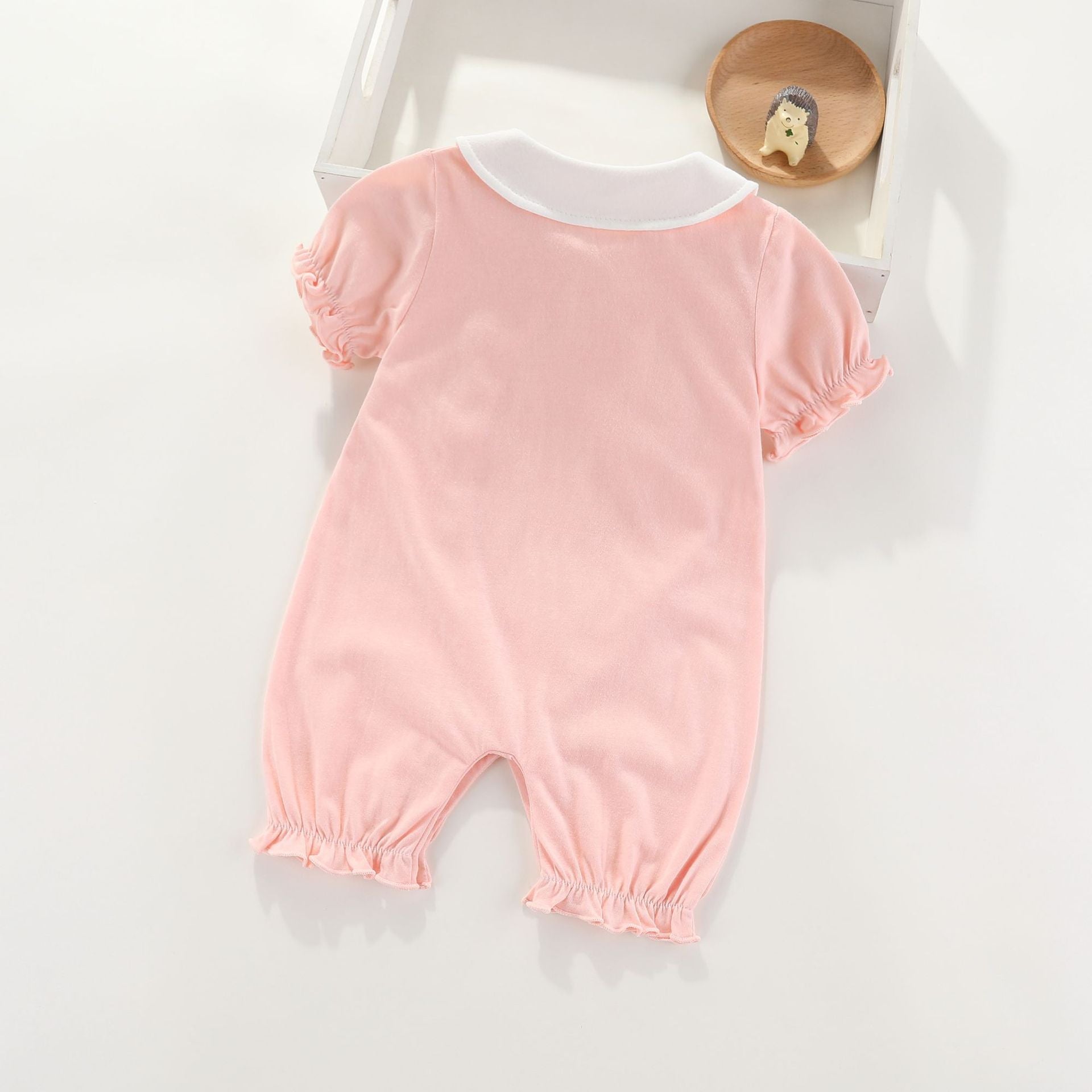 Girls Solid Cuban Collar Puff Sleeves Ruffles Applique Romper