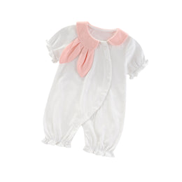 Girls Solid Cuban Collar Puff Sleeves Ruffles Applique Romper