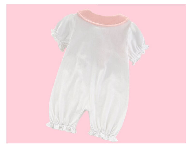 Girls Solid Cuban Collar Puff Sleeves Ruffles Applique Romper