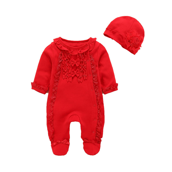 Red Infant Girls Self-Design Cotton Rompers