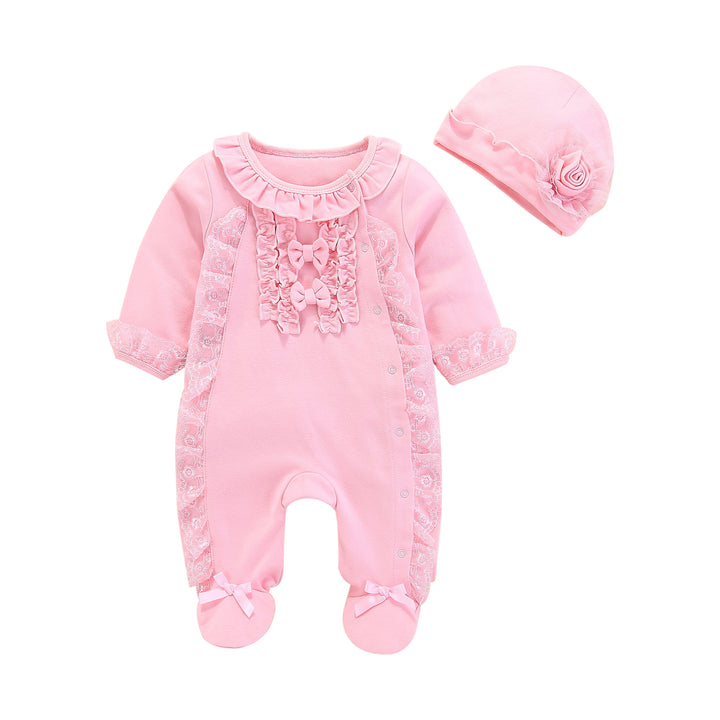 Pink Girls Self-Design Cotton Rompers With Cap