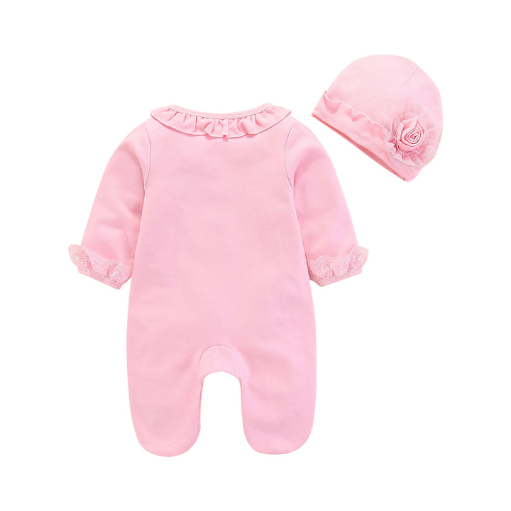 Pink Girls Self-Design Cotton Rompers With Cap