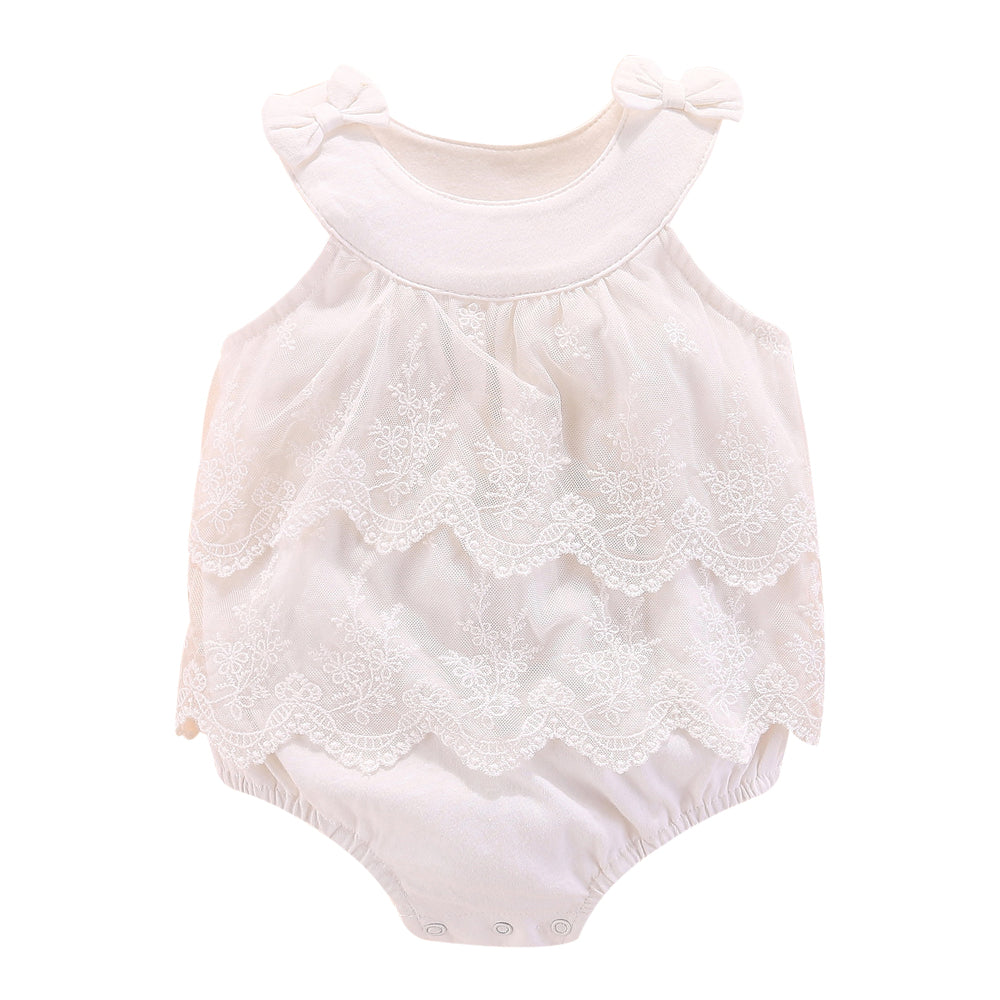 White Infants Girls Self Design Bow & Lace Cotton Bodysuit