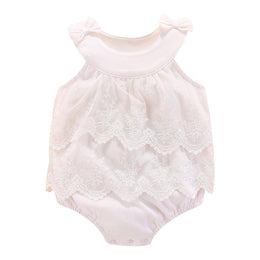 White Infants Girls Self Design Bow & Lace Cotton Bodysuit