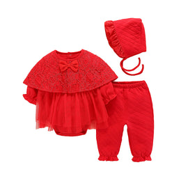 Girls Red Self Design Top with Trouser