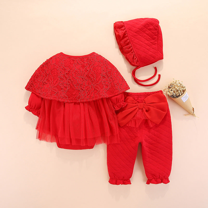 Girls Red Self Design Top with Trouser
