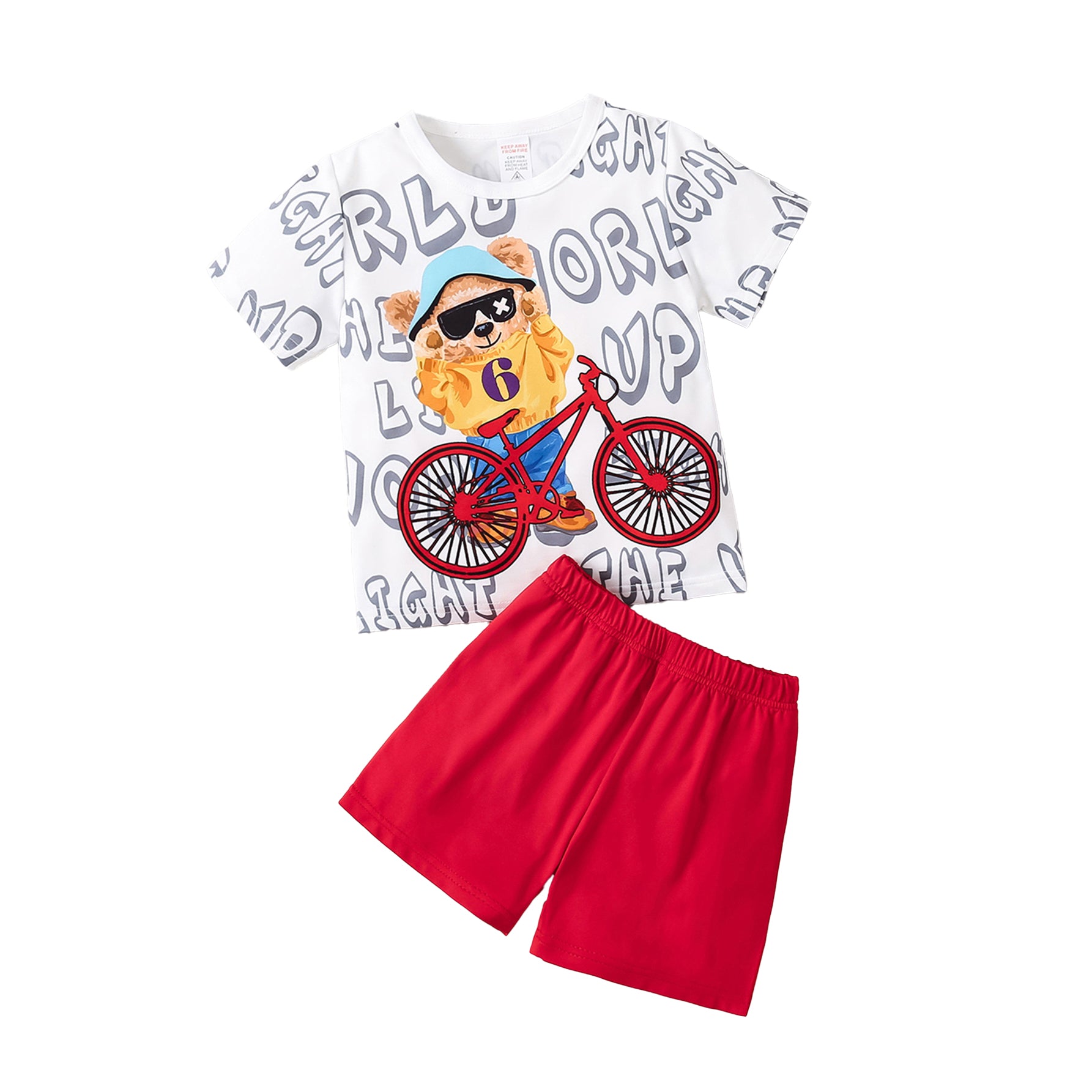 Boys Red & White Graphic Printed Round Neck T-shirt with Shorts