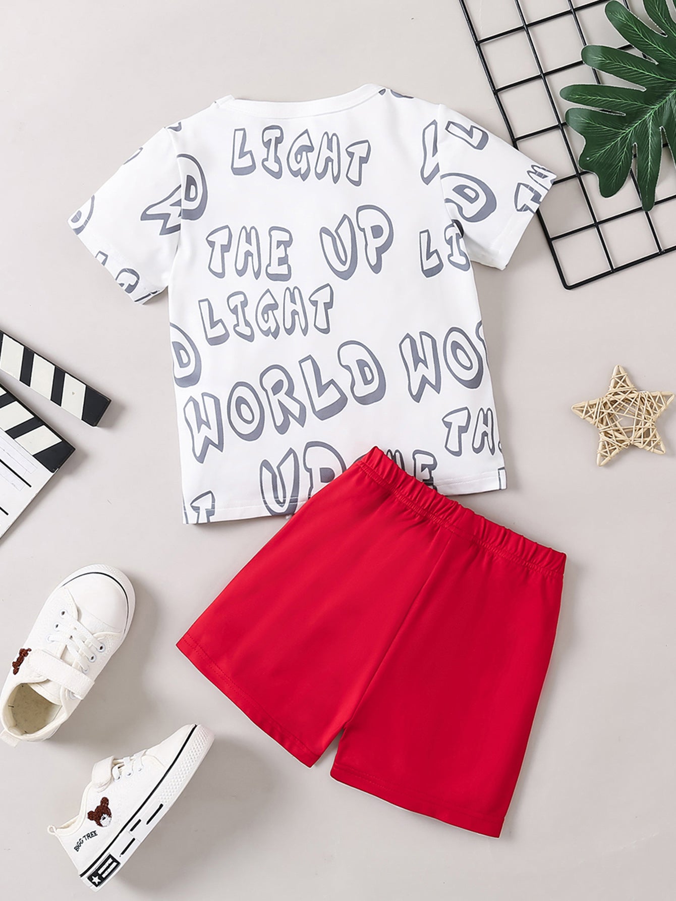 Boys Red & White Graphic Printed Round Neck T-shirt with Shorts