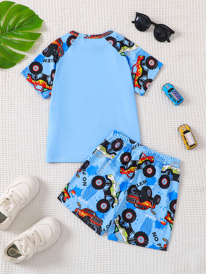 Boys Blue & Red Printed T-shirt with Shorts
