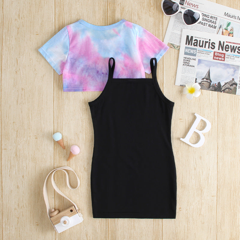 Girls Purple & Blue Shoulder Straps Printed Cotton Pinafore Dresses