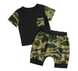 Boys Black & Green Printed Round Neck Top with Shorts