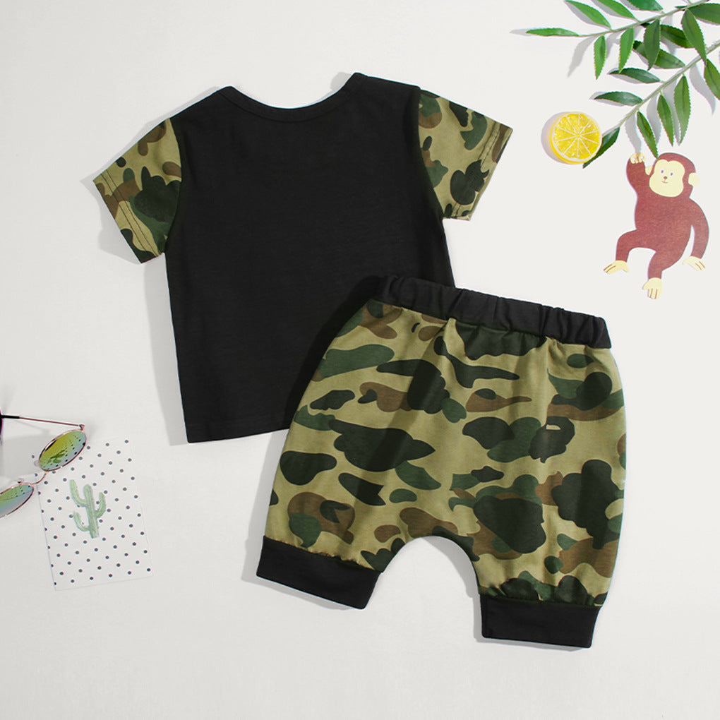 Boys Black & Green Printed Round Neck Top with Shorts