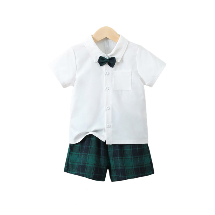 Boys White & Green Shirt Collar Shirt with Shorts
