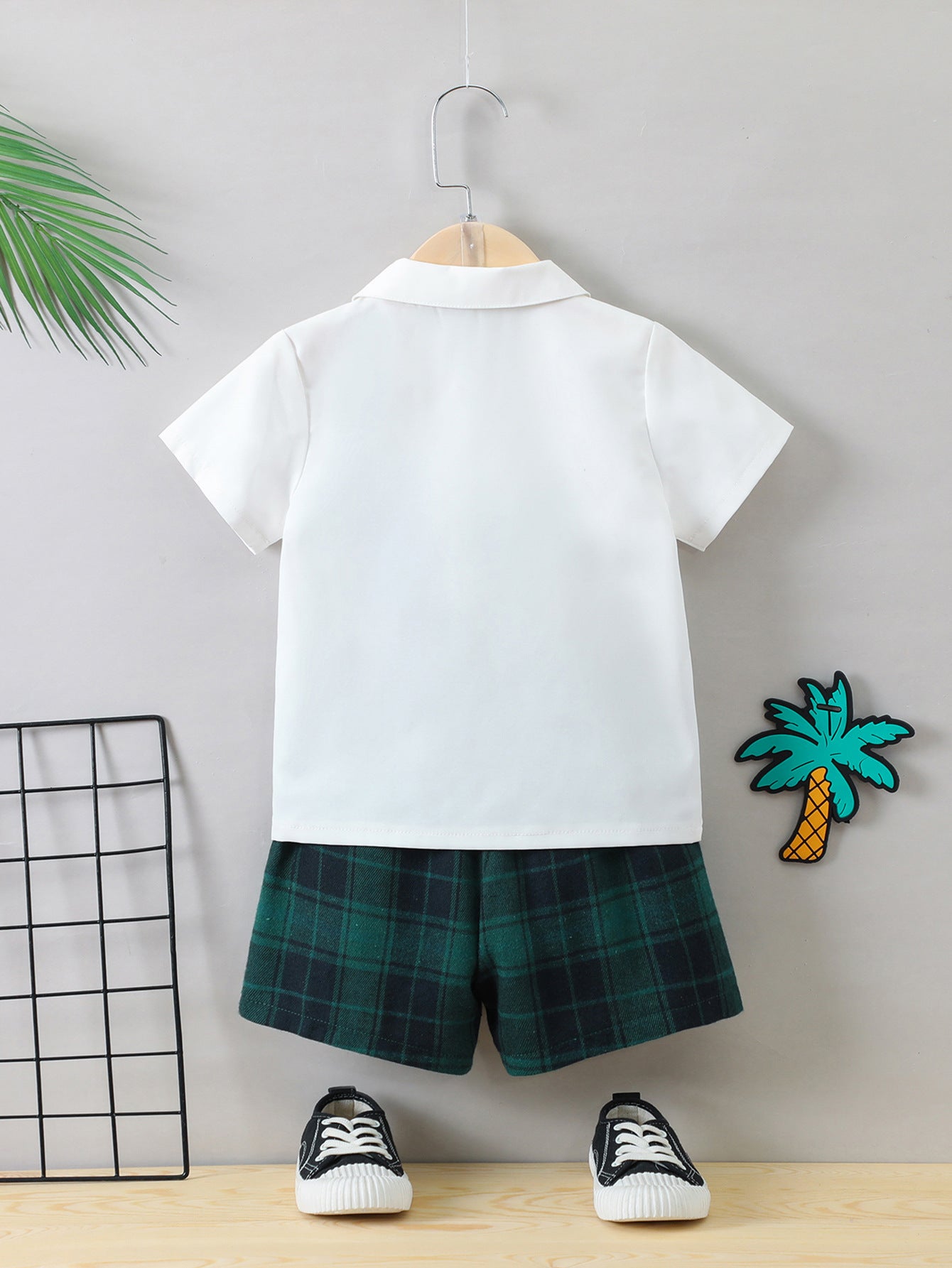 Boys White & Green Shirt Collar Shirt with Shorts