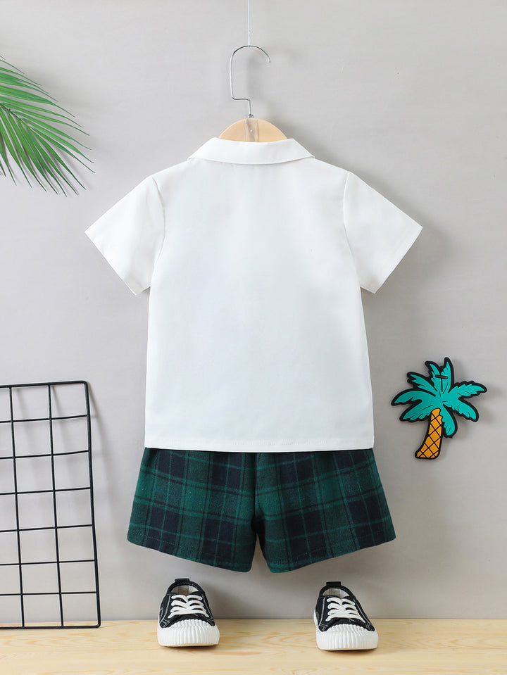 Boys White & Green Shirt Collar Shirt with Shorts