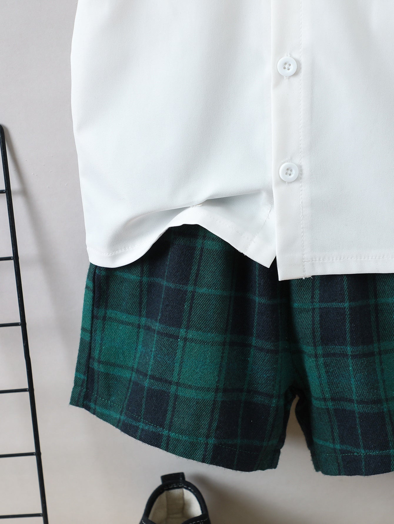 Boys White & Green Shirt Collar Shirt with Shorts