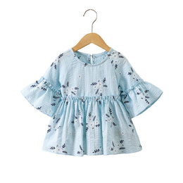 Girls Blue Floral Print Bell Sleeve Layered Fit & Flare Dress