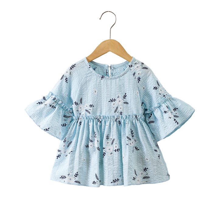 Girls Blue Floral Print Bell Sleeve Layered Fit & Flare Dress