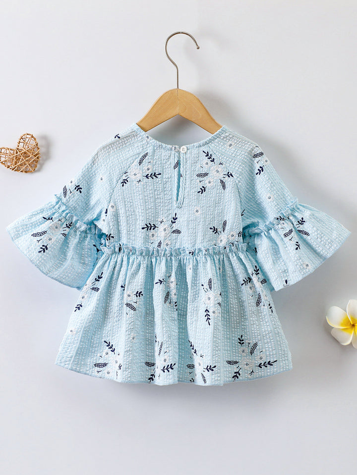 Girls Blue Floral Print Bell Sleeve Layered Fit & Flare Dress