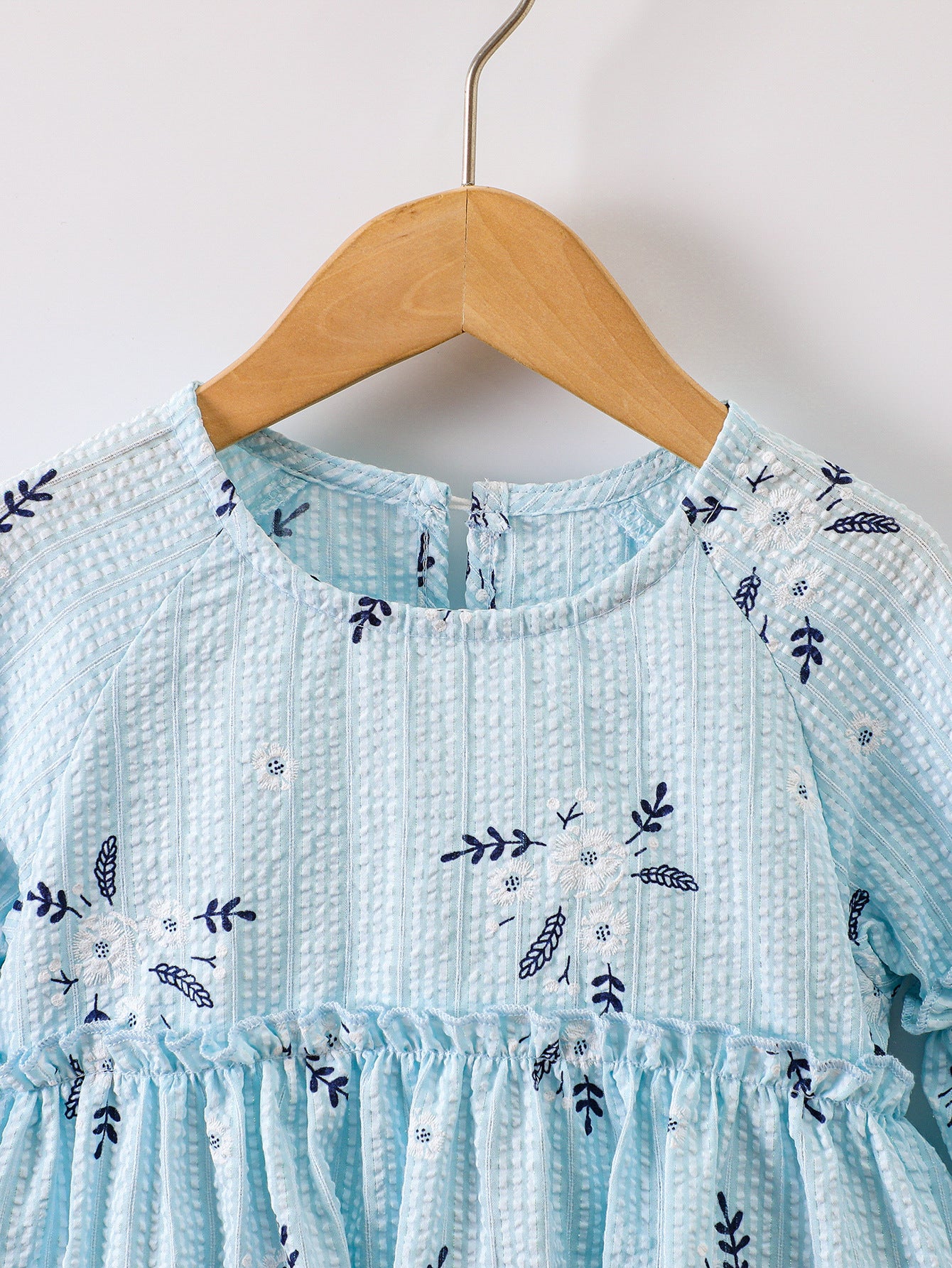 Girls Blue Floral Print Bell Sleeve Layered Fit & Flare Dress